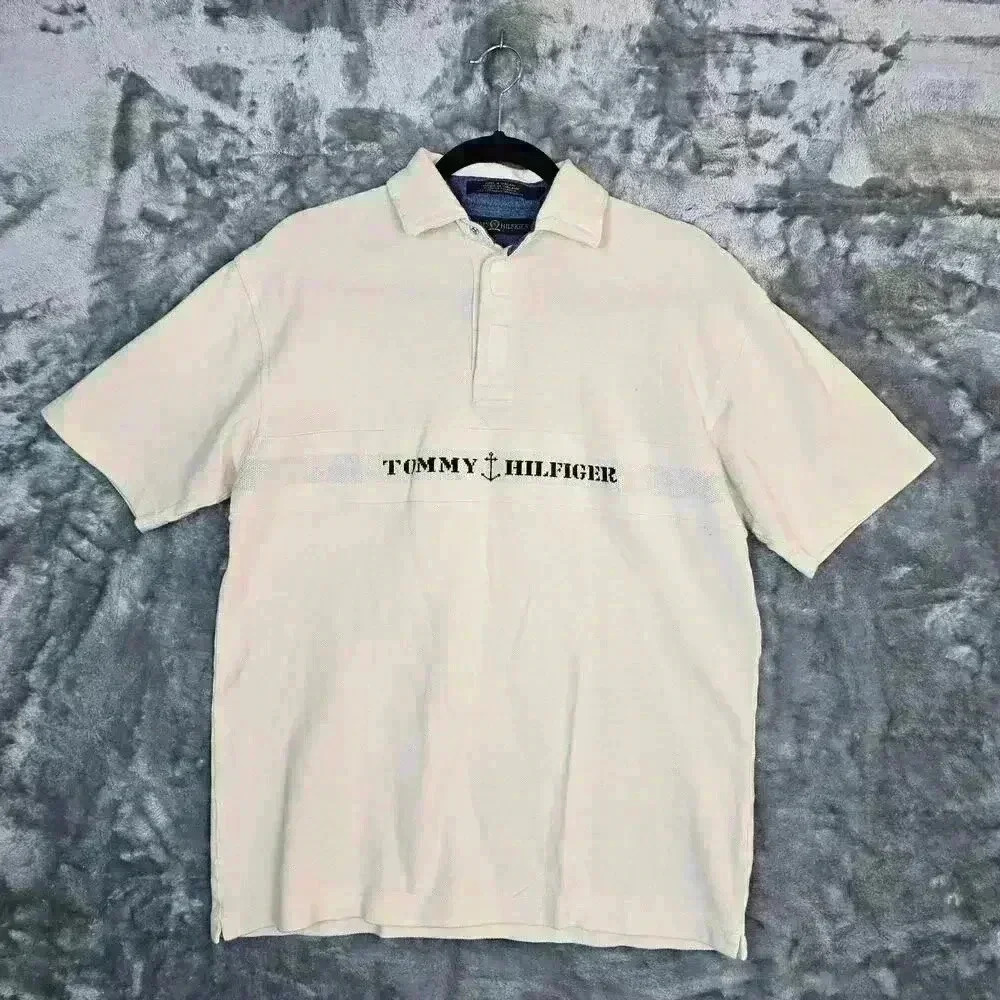 Tommy Hilfiger Shirt Mens Cream Polo Nautical Casual Golf 90s